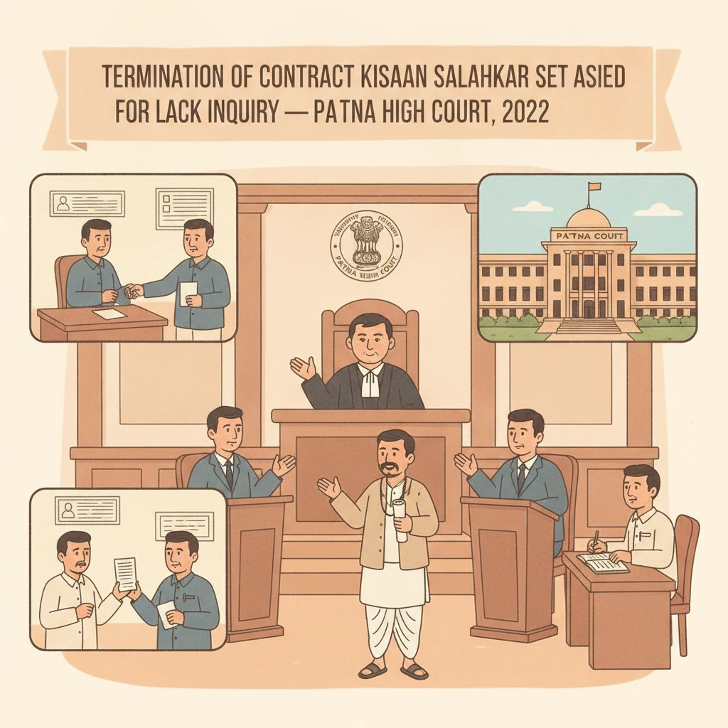 Illustration of Patna High Court reviewing termination of a contractual Kisaan Salahkar on corruption allegations.