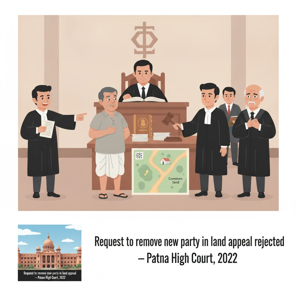 Courtroom illustration showing a land dispute hearing before the Patna High Court.