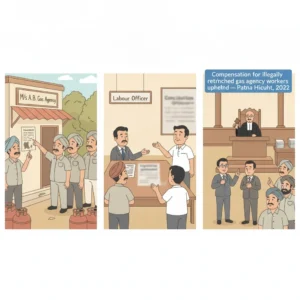 Illustration of Patna High Court hearing a labour dispute on retrenched gas agency workers.