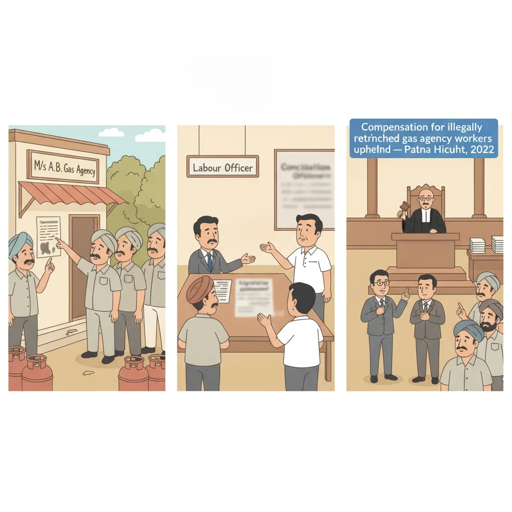 Illustration of Patna High Court hearing a labour dispute on retrenched gas agency workers.