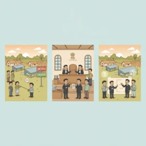Illustration of Patna High Court reviewing closure of rural poultry farms near a village.